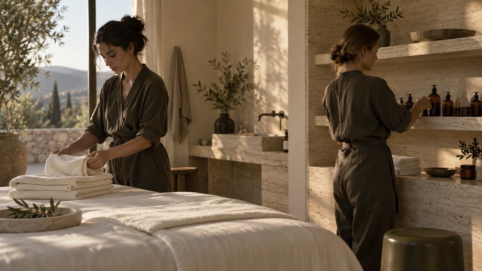Two professionals preparing a treatment room in the morning