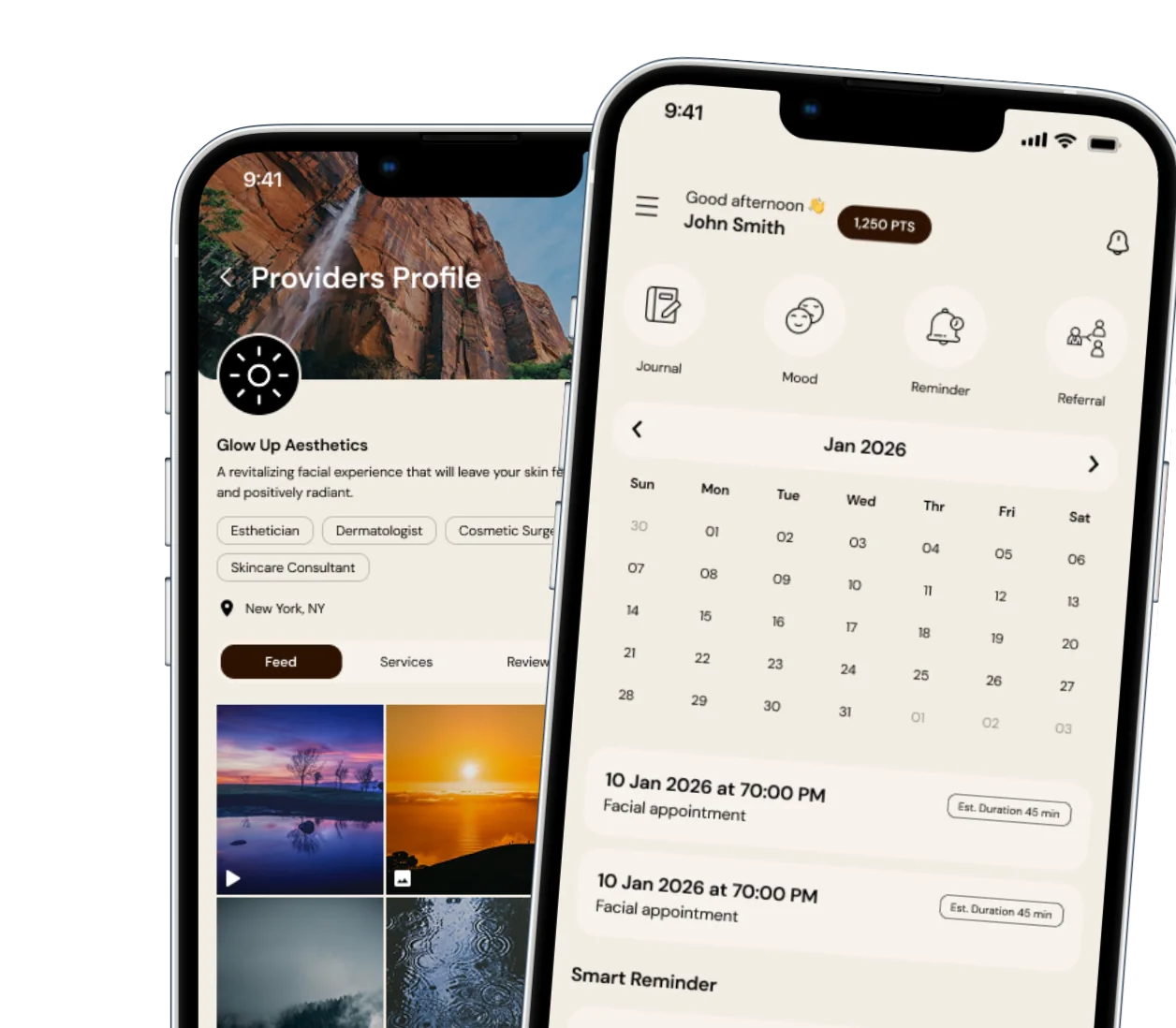 TEDDY app screens showing a provider profile and the appointment calendar
