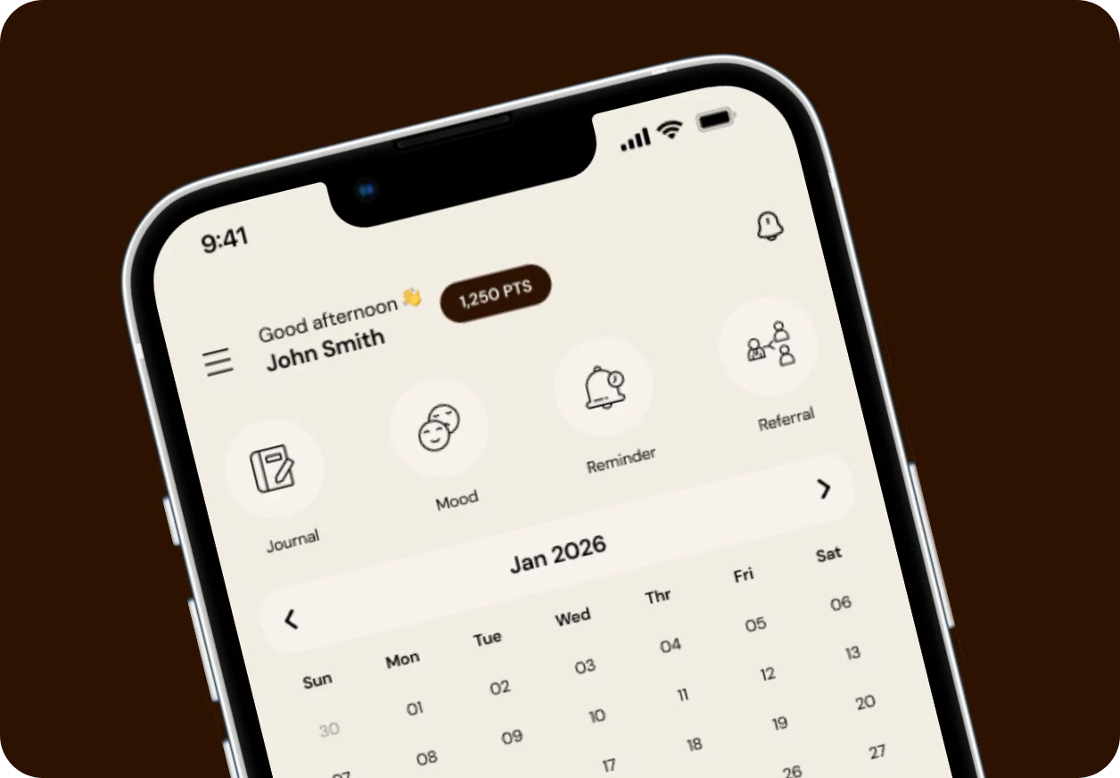 TEDDY app home screen with mood, journal and reminder shortcuts