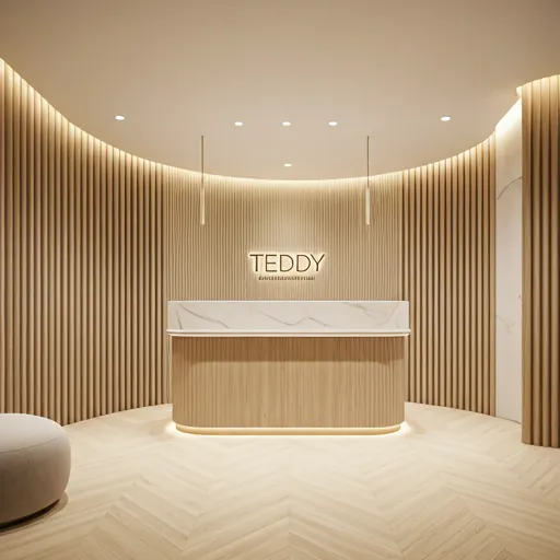 Modern clinic reception with warm lighting