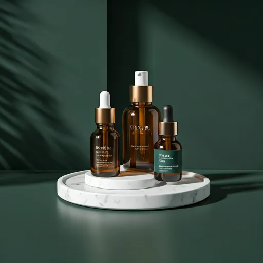 Amber serum bottles displayed on a marble tray