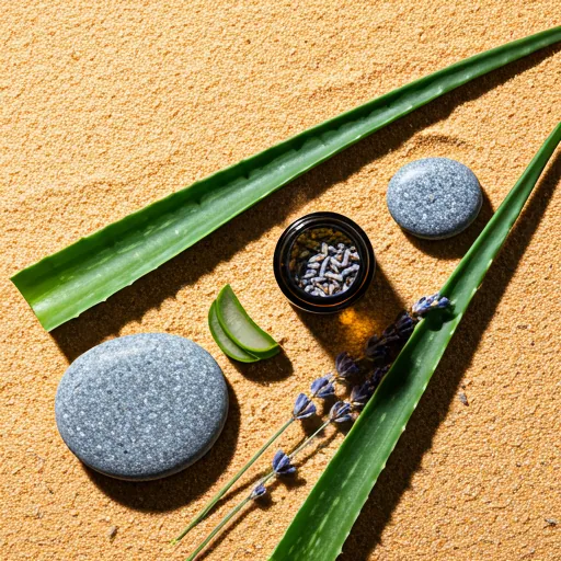 Aloe vera leaves, massage stones and lavender