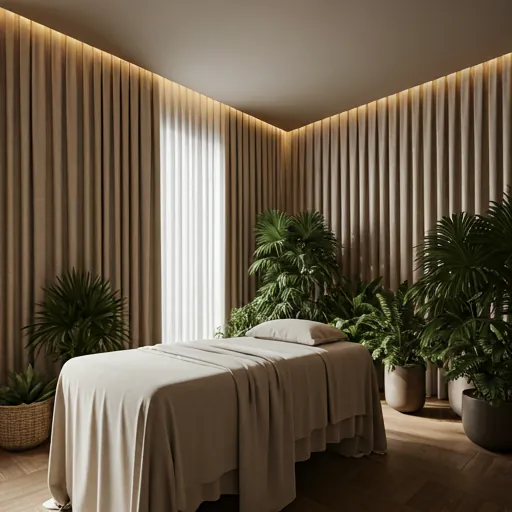 Calm treatment room with a massage bed and plants